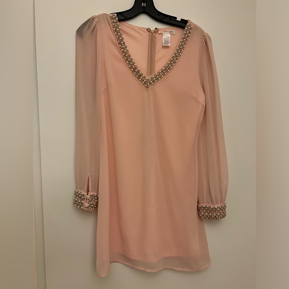 Juniors Small Rose Light Pink Long Sleeve Polyester Beaded Dress
